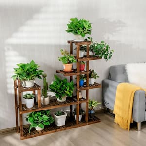 47.5 in. x 10 in. x 47.5 in. Indoor/Outdoor Brown Wood Plant Stand Rack with Hollow-Out Storage Shelf ( 7-Tier )