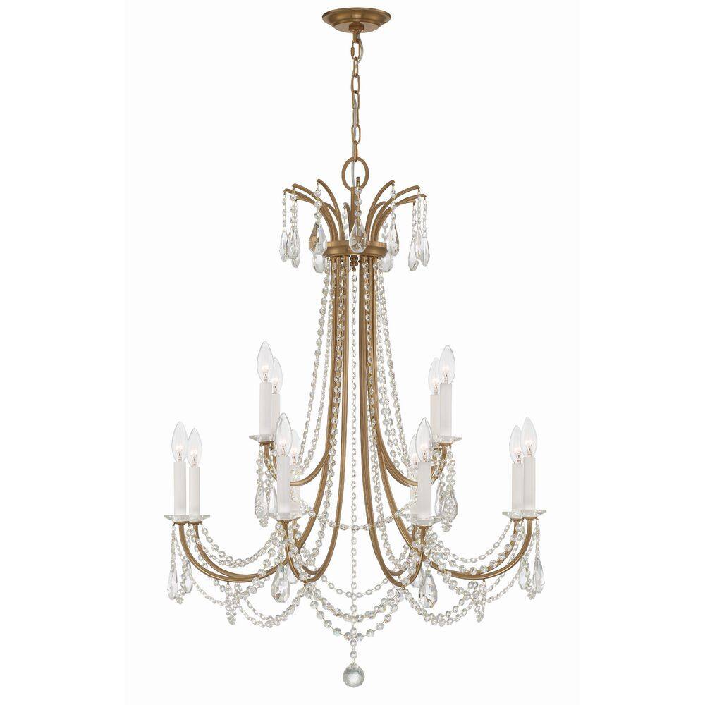 Aged Brass 12-Light Chandelier with Hand Cut Crystal