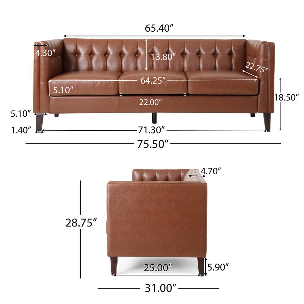 Cognac Brown Faux Leather Tufted Tuxedo Sofa with Wood Accents