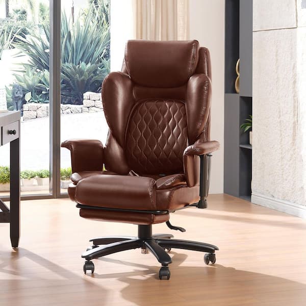 Faux Leather High-Back Ergonomic Office Chair in Brown with Adjustable Padded Arms, Swivel Chair with Headrest&Footrest