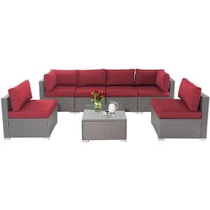 Gray Wicker Outdoor Sectional Set with Red Cushions (7-Piece)