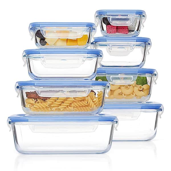 8-Pack Glass Food Storage Containers with Airtight Lids for Microwave, Oven, Freezer and Dishwasher, BPA Free, Blue