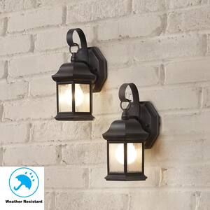 1-Light Bronze Outdoor Wall Lantern Sconce with Seeded Glass (2-Pack)