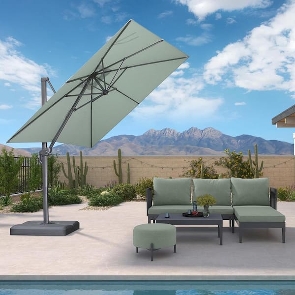 PURPLE LEAF 8 ft. Square Outdoor Patio Cantilever Umbrella Aluminum Offset 360° Rotation Umbrella with Base, Mint Green