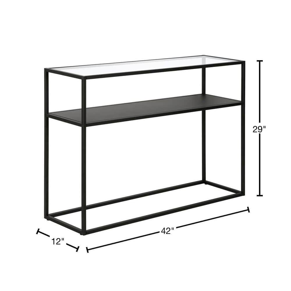 Blackened Bronze Glass Top Console Table with Metal Shelf