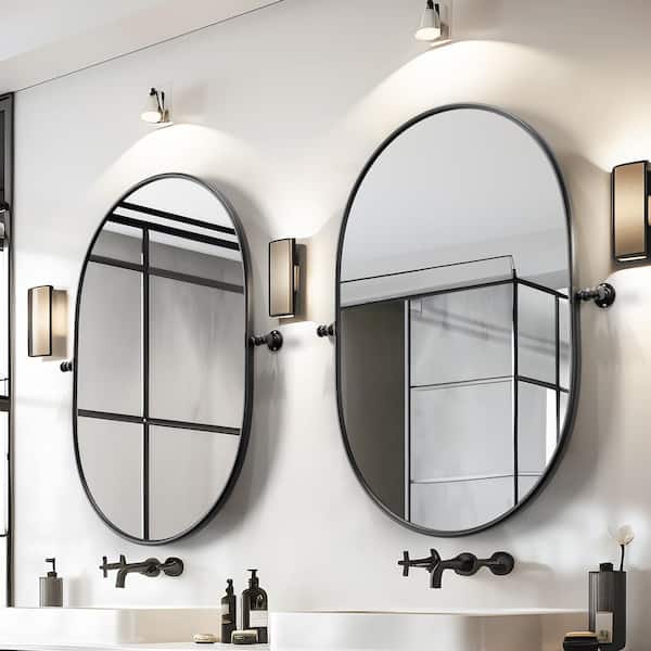 Lirago 24 in. W x 35 in. H Oval Metal Framed Pivoted Bathroom Wall Vanity Mirror in Black (Set of 2)