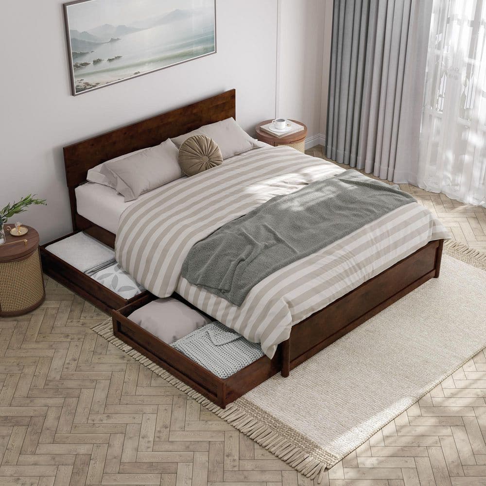 Wesley Walnut Queen Wood Platform Bed with Storage Drawers