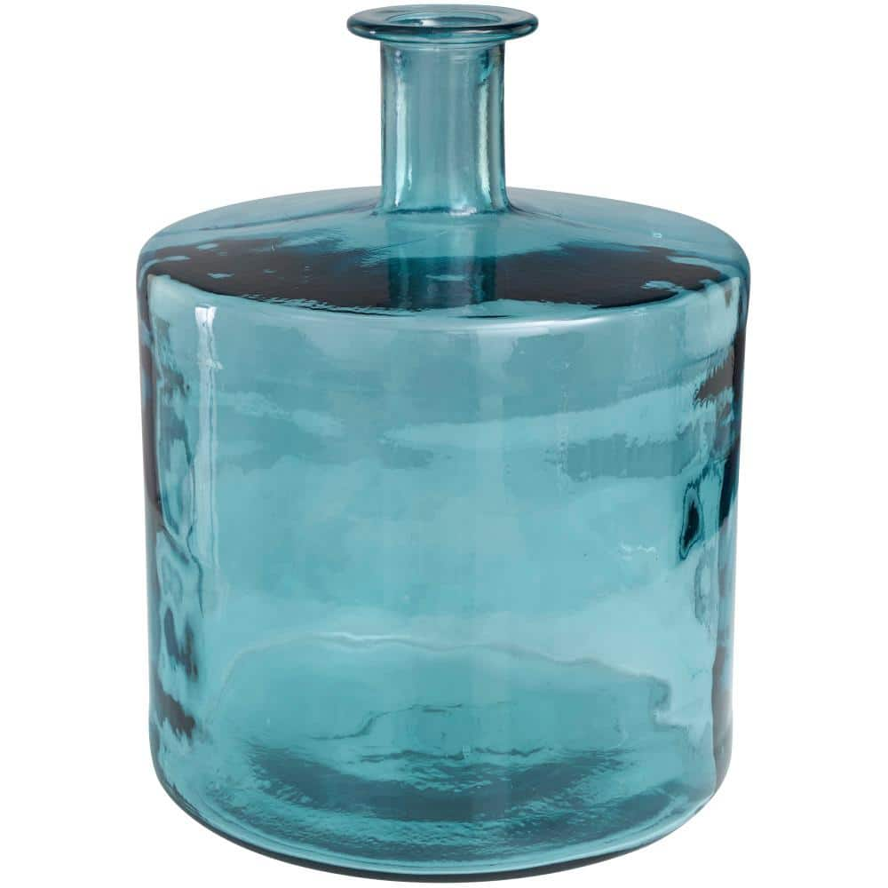 Litton Lane 17 in. Teal Handmade Spanish Bottleneck Recycled Glass Decorative Vase