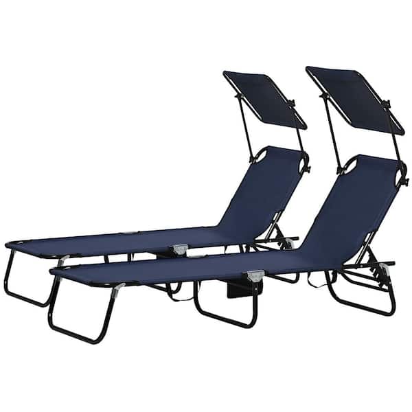 Unbranded Dark Blue Metal Outdoor Chaise Lounge, Folding Reclining Tanning Chairs with Canopy Shade and Side Pocket for Patio