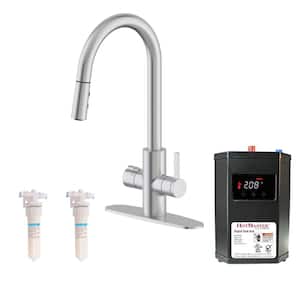 HotMaster 4-in-1 Single-Handle Pull Down Kitchen Faucet with DigiHot Instant Hot Water Tank in Stainless Steel