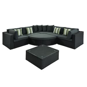 7-Piece Black Wicker Outdoor Patio Conversation Set with Gray Cushion and Striped Green Pillows