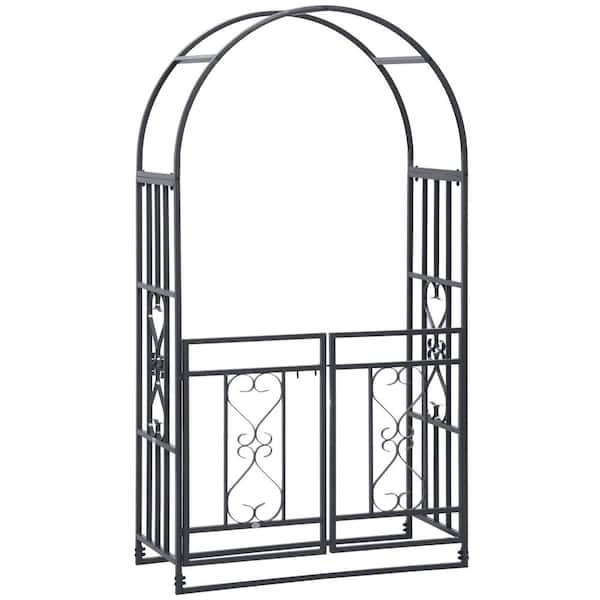 Sudzendf Black Metal Garden Arbor with Double Doors, Locking Gate, Climbing Vine Frame with Heart Motifs