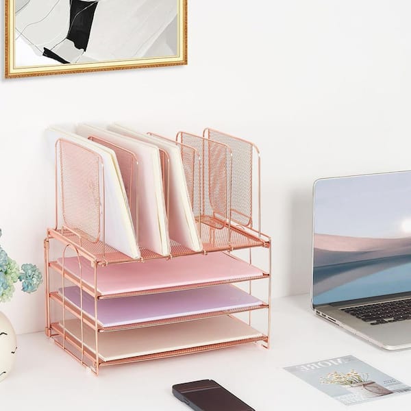 Rose Gold 12.6 in. x 14.2 in. Metal Desk Organizers with 5 Vertical File Holders