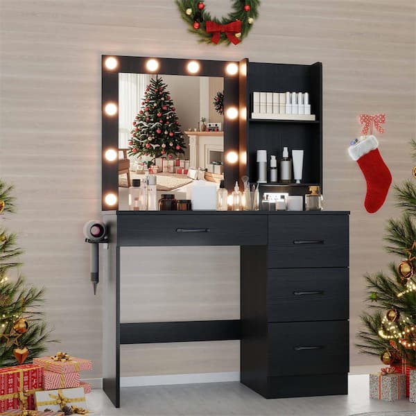 2-Piece Black Makeup Vanity Desk with Mirror and Lights Charging Station 3-Color LED Lights