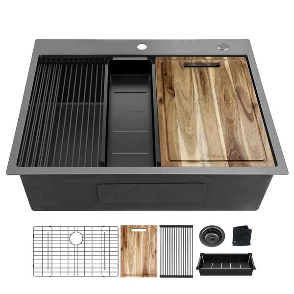 32 in. Drop-In Single Bowl 18 Gauge Black Stainless Steel Kitchen Sink and Bottom Grids