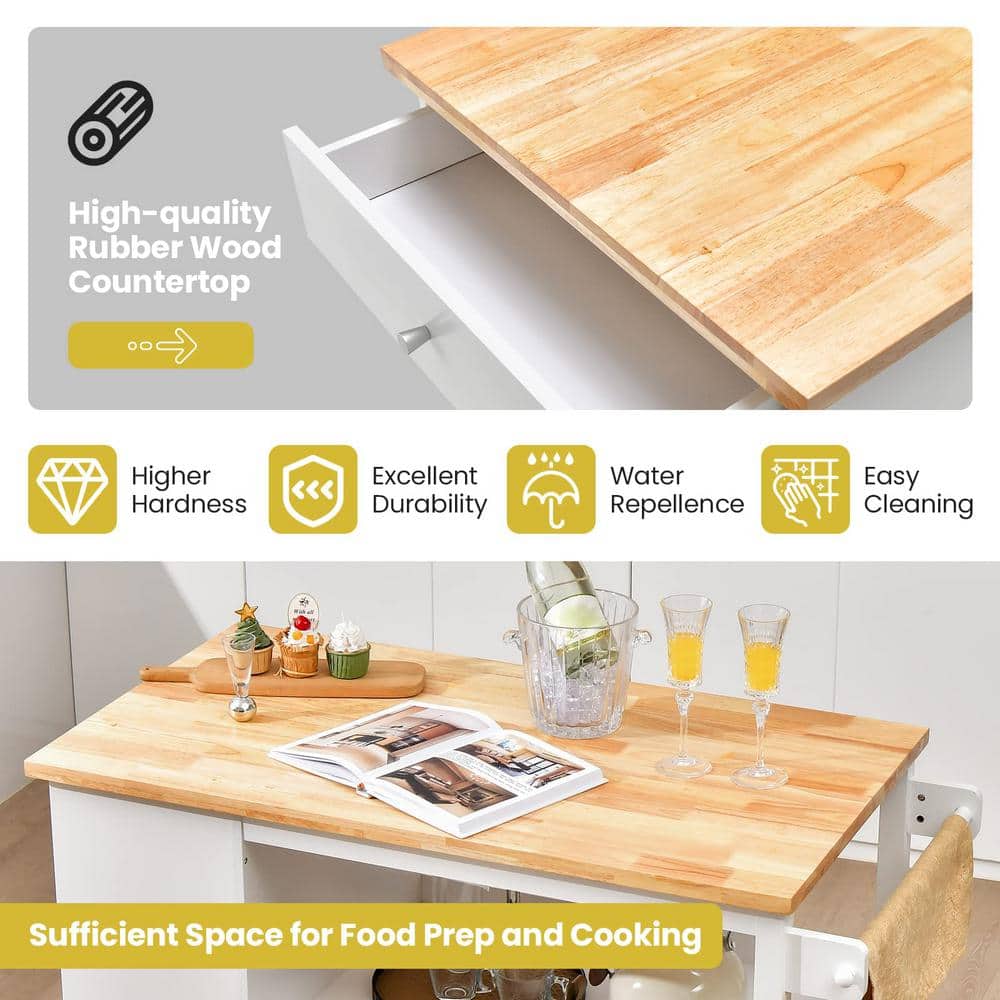 White Kitchen Cart with Rubber Wood Countertop and Storage Shelves