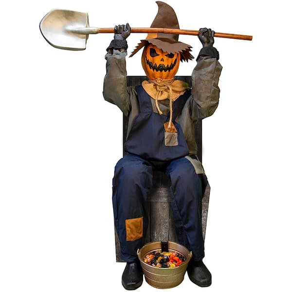 Haunted Hill Farm 55 in. Premium Talking Halloween Animatronic Smiling Jack The Shovel-Wielding Sitting Scarecrow by Tekky