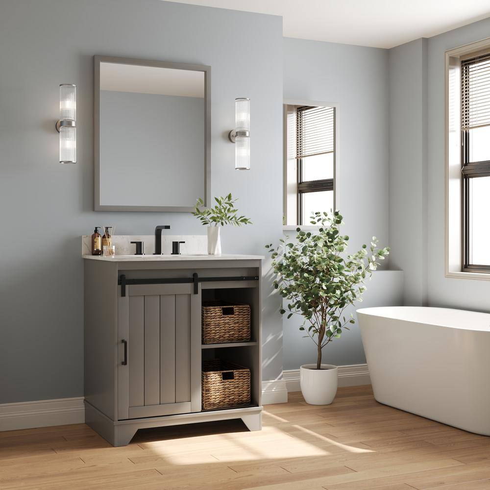 Gray 30" Freestanding Bathroom Vanity with Ceramic Sink and Storage Baskets