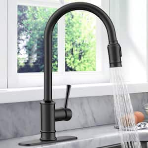 PULL Single-Handle Deck Mount Gooseneck 3-Modes Pull Down Sprayer Kitchen Faucet with Deckplate in Matte Black, 360°