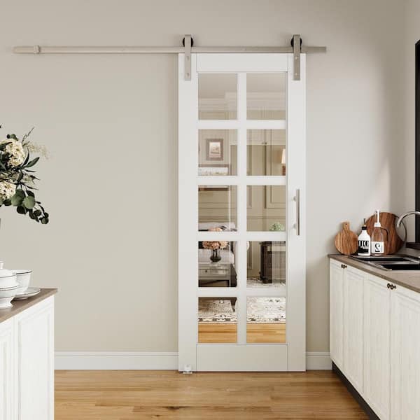 32 in. x 80 in. 10-Lite Clear Glass White Primed Sliding Barn Door with Hardware Kit Nickel Plated