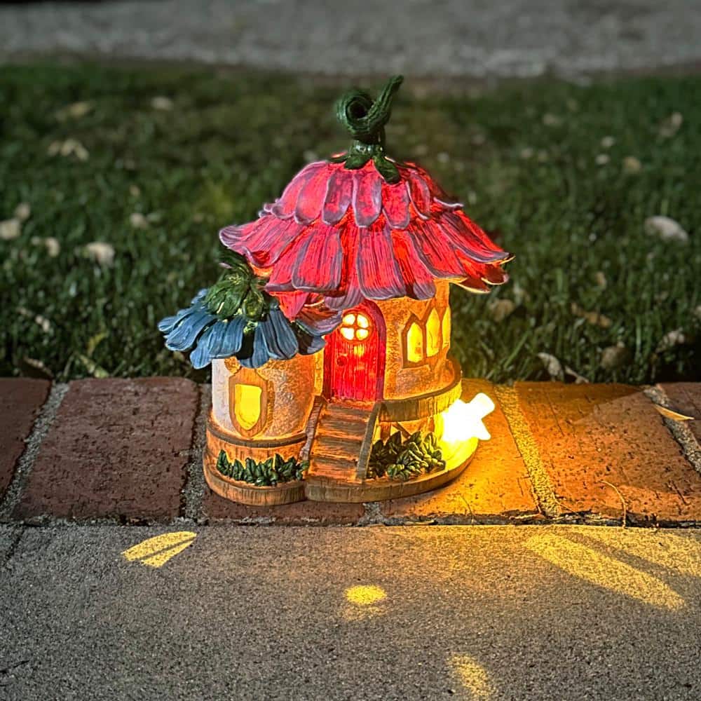 Solar Pink and Blue Daisy Petal Roof Fairy House Garden Statue