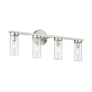 26.4 in. 4-light Brushed Nickel Bathroom Vanity Light Wall Sconce with Clear Glass Shade