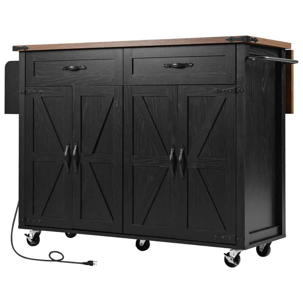 Black Wood 53.5 in. Kitchen Island on Wheels with Drop Leaf, Drawers and Po