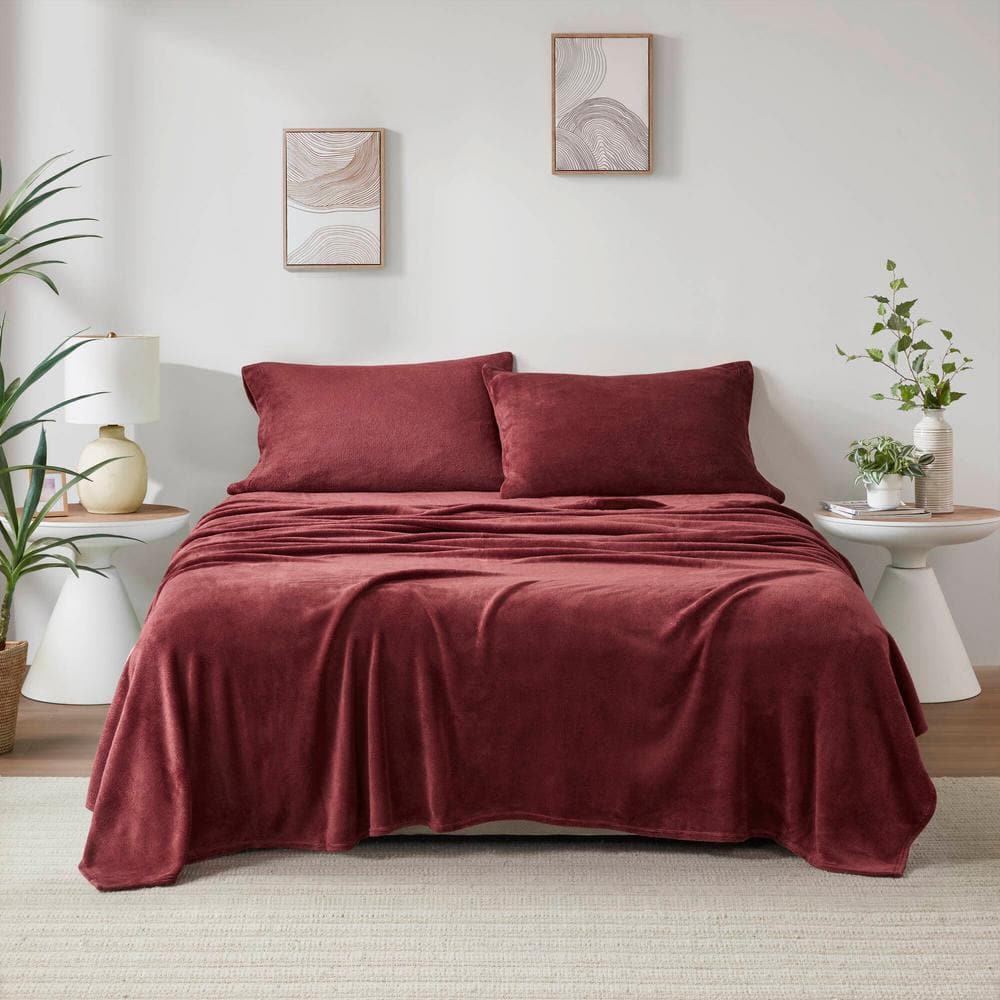 TRUE NORTH Soloft Plush 4-Piece Burgundy Polyester Full Sheet Set TN20 ...