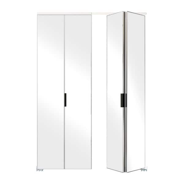 48 in. x 80 in. Mirrored Glass, White, Hollow Core, MDF, Aluminum Frame, Full Lite Bi-Fold Doors with Hardware Kits