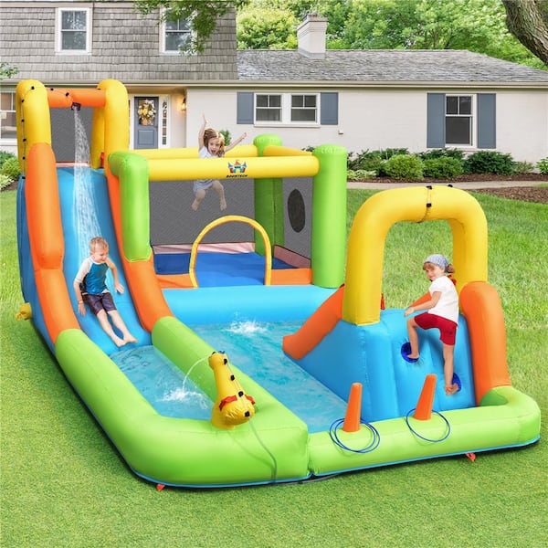 Inflatable Water Slide Park Bounce House Climbing Wall with 750-Watt Blower