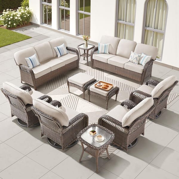 Brown 10-Piece Wicker Patio Conversation Set with Swivel Glider Chair, Outdoor Sofa Seating Set with Beige Cushion