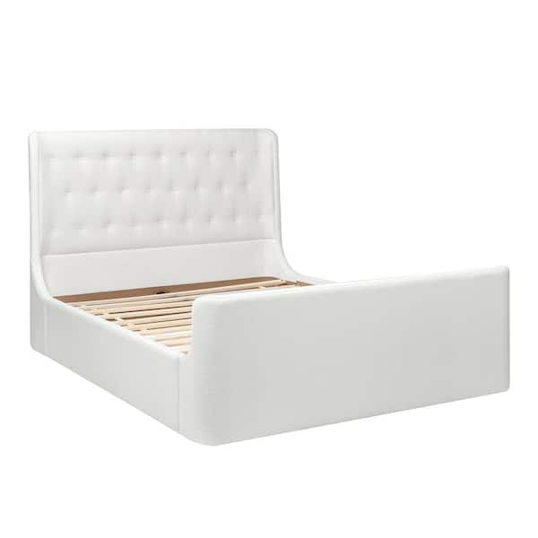 Jennifer Taylor Brooks White Upholstered Wood Frame Contemporary Tufted Shelter Queen Platform Bed with Headboard and Footboard