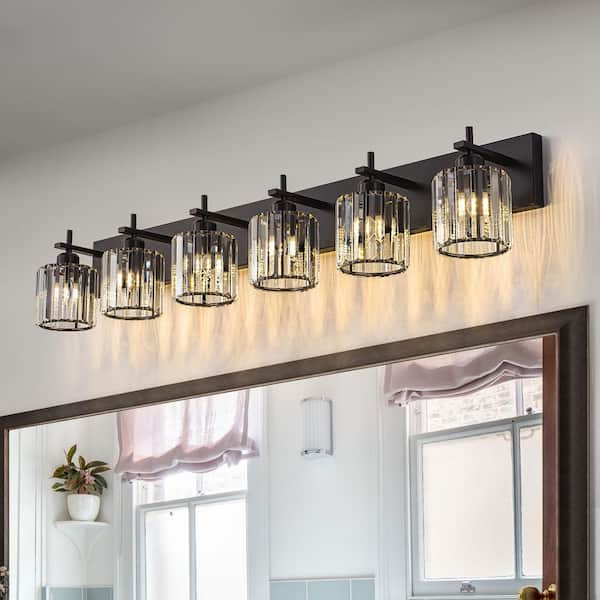 Orillia 43.3 in. 6-Light Black Bathroom Vanity Light with Crystal Shade Wall Sconce Over Mirror