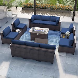 13-Piece Wicker Patio Conversation Set with 55000 BTU Gas Fire Pit Table and Glass Coffee Table and Navy Cushions