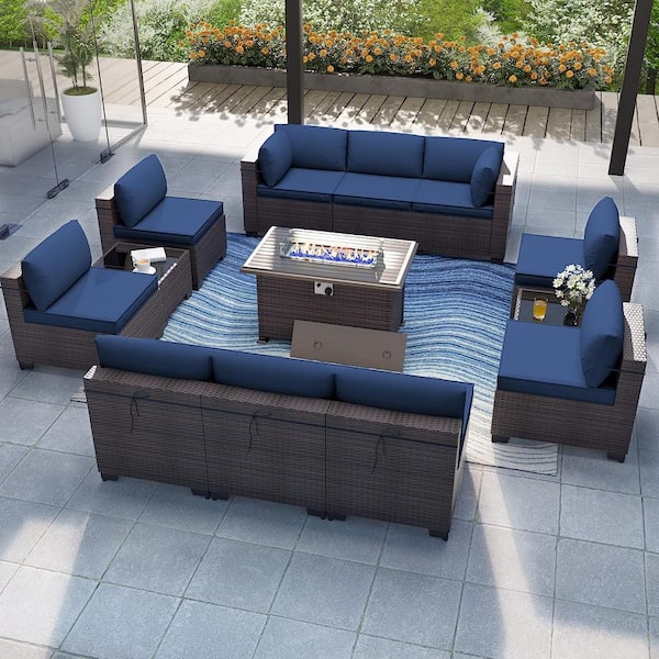 Halmuz 13-Piece Wicker Patio Conversation Set with 55000 BTU Gas Fire Pit Table and Glass Coffee Table and Navy Cushions