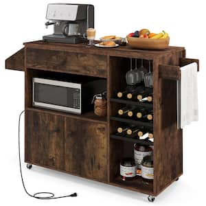 Rustic Brown Wood Kitchen Cart with Drop-Leaf and Power Outlet Microwave Shelf Wine Rack Drawer