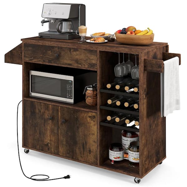 Gymax Rustic Brown Wood Kitchen Cart with Drop-Leaf and Power Outlet Microwave Shelf Wine Rack Drawer