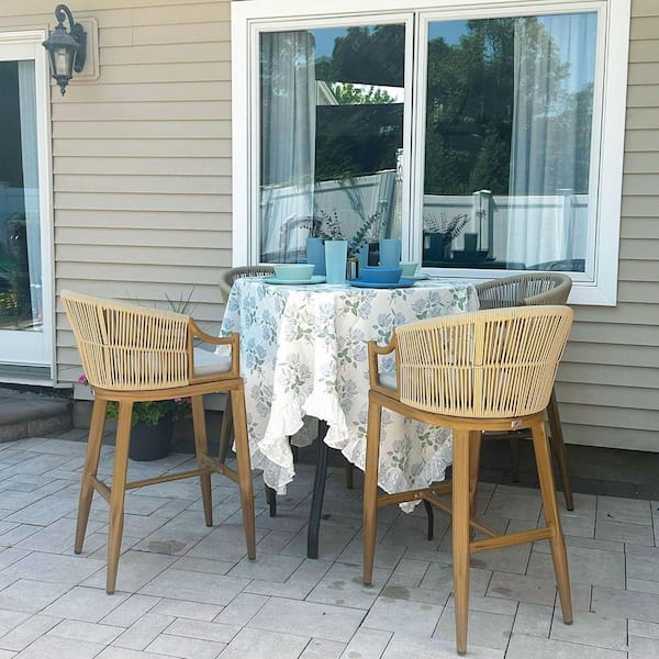 Modern Boho Metal Bar Height Rattan Outdoor Bar Stool Chairs with Ergonomic Armrest and Cushion, Teak(2 Pack)