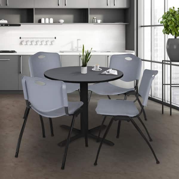 Cain 30 in. Grey Round X-Base Breakroom Table Desk & 4 M Stack Chairs-Grey