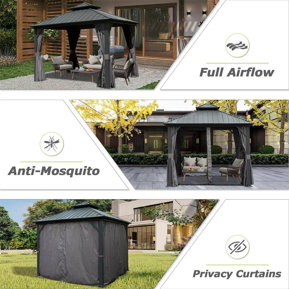 Gray Aluminum 8x8 Hardtop Gazebo with Steel Roof and Curtains