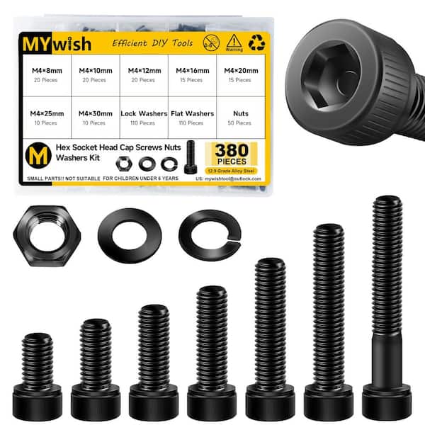 380-Piece M4 Metric Hex Socket Head Cap Screw and Bolt Kit with Nuts and Washers, Grade 12.9