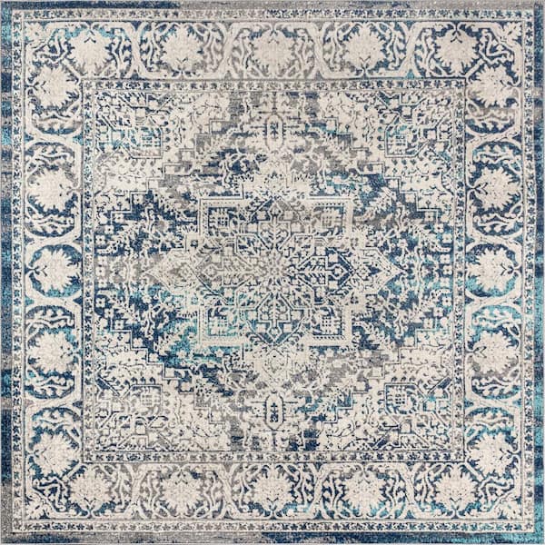 Modern Persian Vintage Medallion Navy /Light Gray 5 ft. Square Area Rug