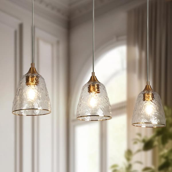 LNC Aurabe Modern Plated Brass Kitchen Island Chandelier with Bell Rippled Glass Shades 3-Light Glam Island Pendant Lighting