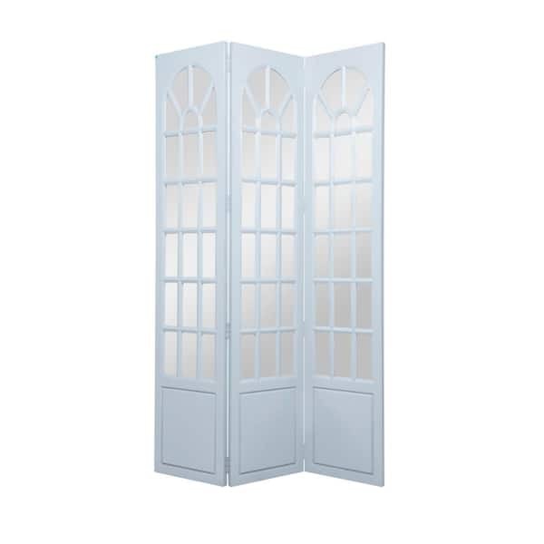 Litton Lane 6 ft. Blue 3 Panel Hinged Foldable Partition Room Divider Screen with Window Pane Style Mirror