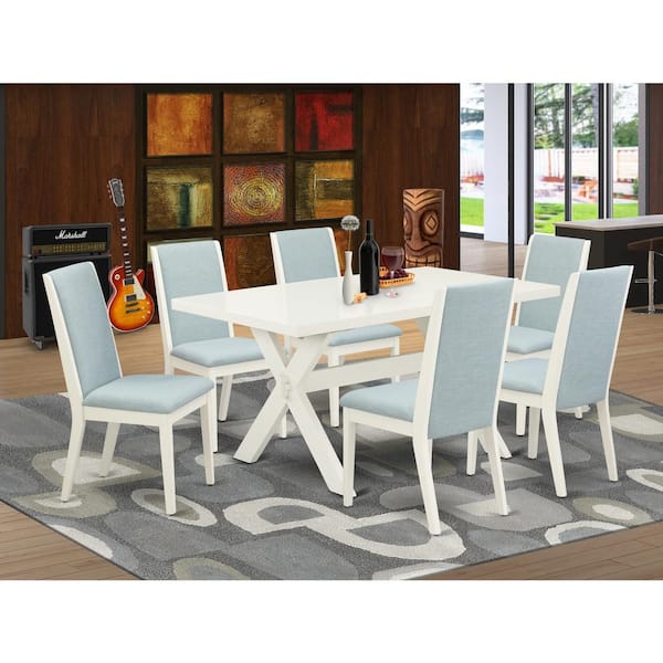 7-Piece Rectangle Natural Oak Finish Solid Wood Top Dining Set with 1 table and 6 Upholstered-Chairs with Lattice Back