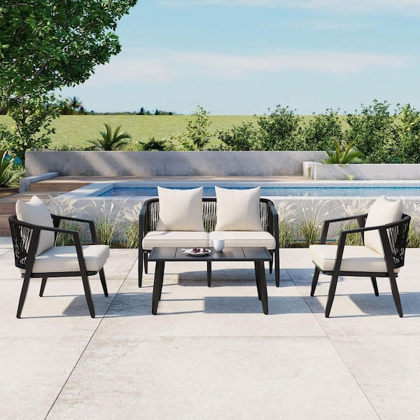 4-Piece Black Outdoor Patio Conversation Sofa Set with a Table Chairs and Beige Cushions for Patios Garden Poolsides