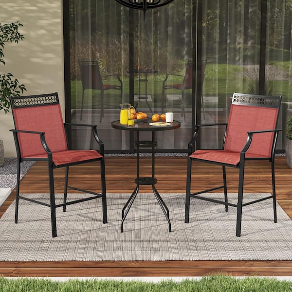High Backrest Metal Outdoor Bar Stool in Red (2-Pack)