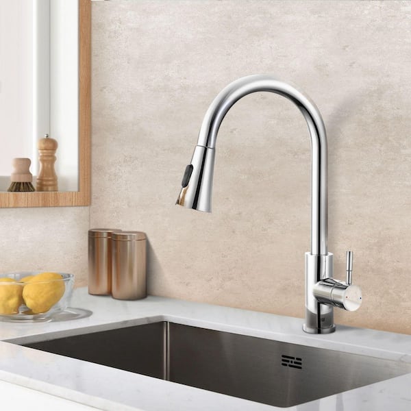 15.67 in. Single Handle Stainless Steel 360 ° Spout Swive Pull Down Sprayer Kitchen Faucet in Chrome