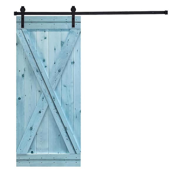 AIOPOP HOME Modern X Style Series 42 in. x 84 in. Slick Blue stained Knotty Pine Wood DIY Sliding Barn Door with Hardware Kit