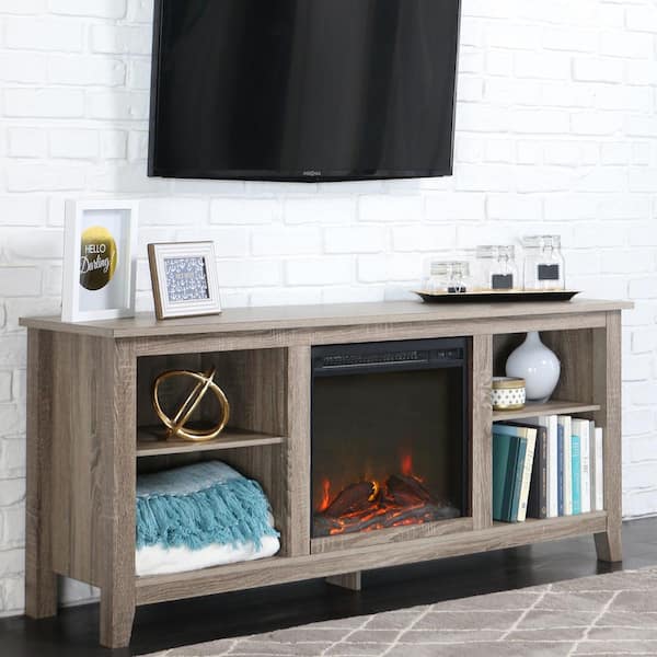 Walker Edison Furniture Company Essential 58 in. Driftwood TV Stand fits TV up to 60 in. with Adjustable Shelves Electric Fireplace